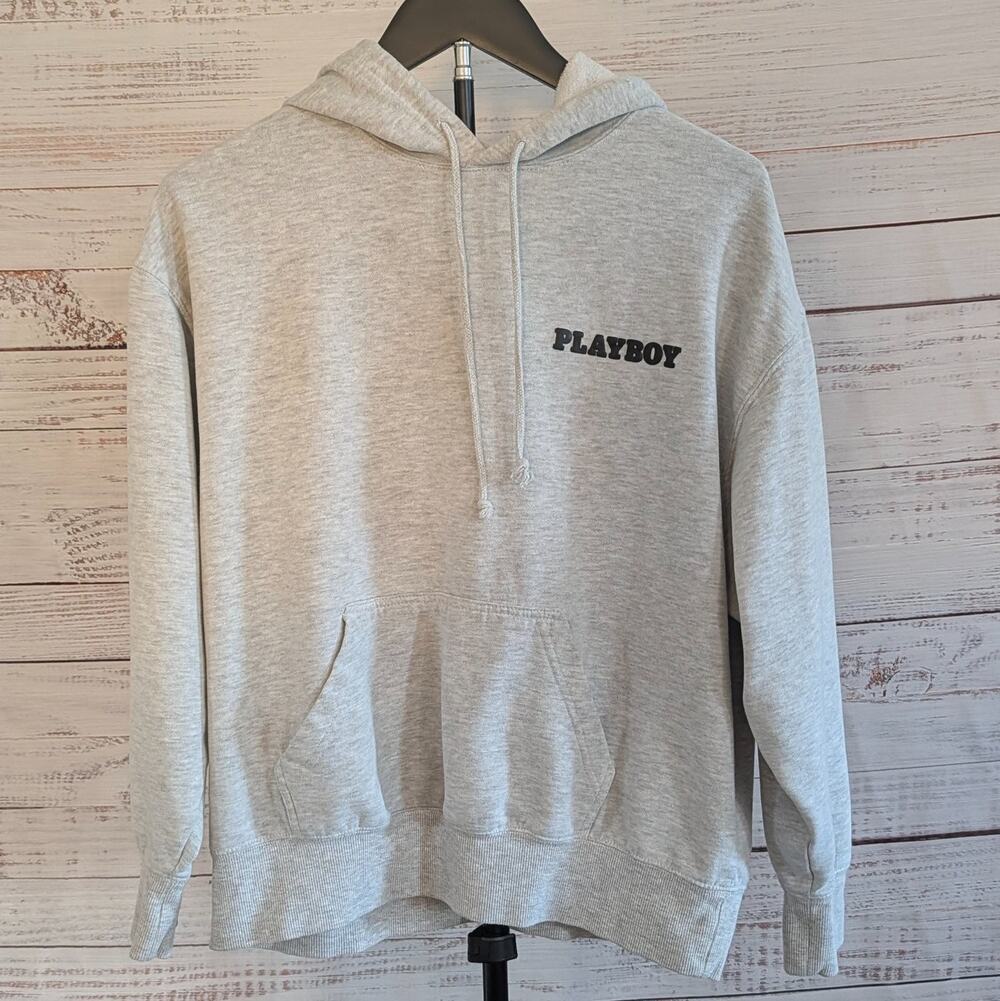 Playboy PacSun Hoodie Sweatshirt XS Grey Embroidered Logo Fleece Pullover